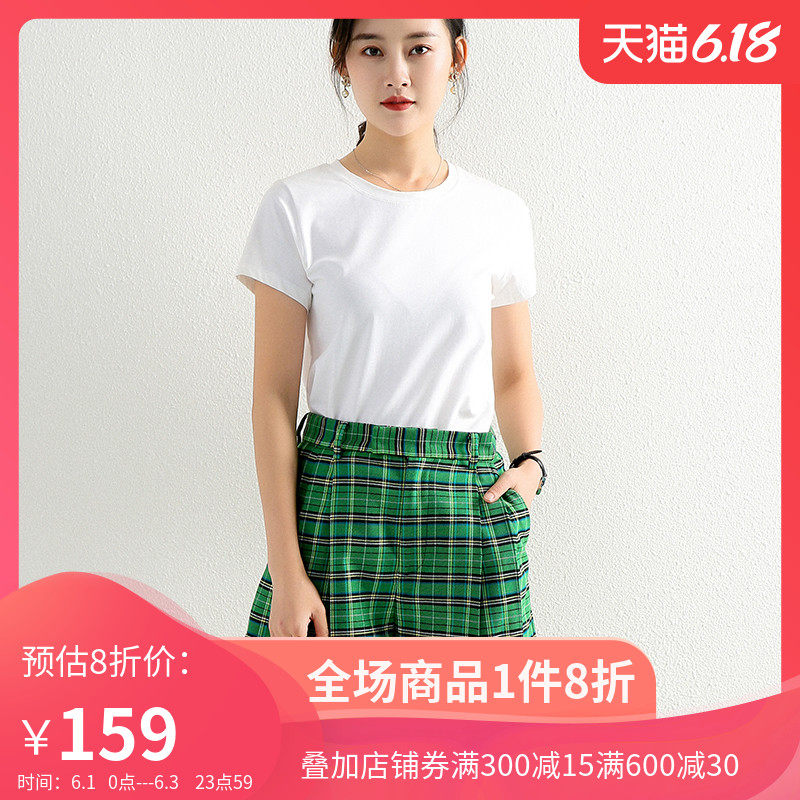 丹慕兰2020夏季复古格子短裤女宽松阔腿裤新款韩版休闲牛仔中裤女