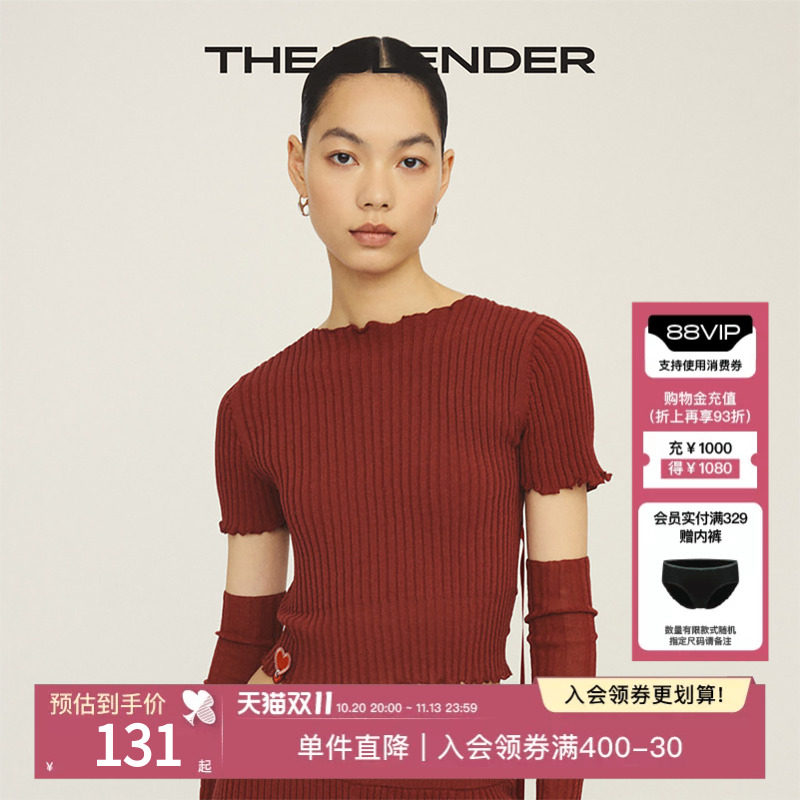 The Blender「红线」系列情人节性感露背针织短袖T恤带袖套上衣
