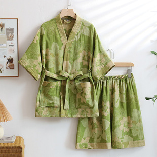 纯棉桑拿服男女家居服睡袍情侣晨袍吸水速干浴衣 双层纱汗蒸服夏季