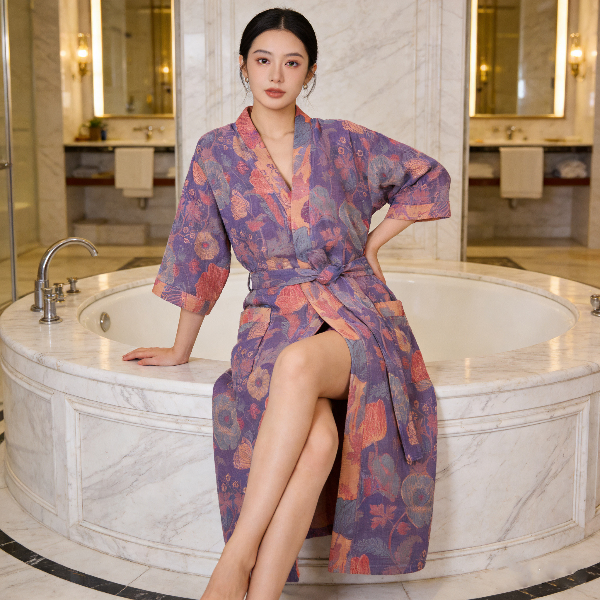 【好物体验专享】】纯棉浴袍女睡袍男双层纱春夏吸水晨袍浴衣游泳