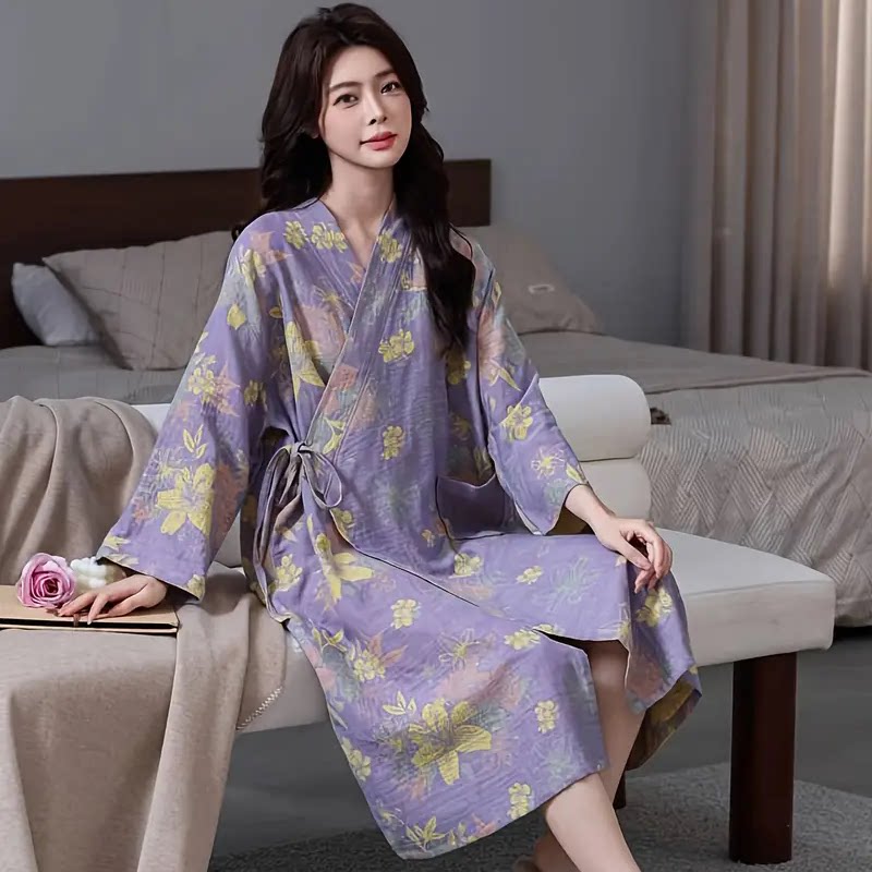 a类纯棉双层纱布浴袍情侣睡袍汗蒸浴服睡衣家居服女吸水速干浴衣