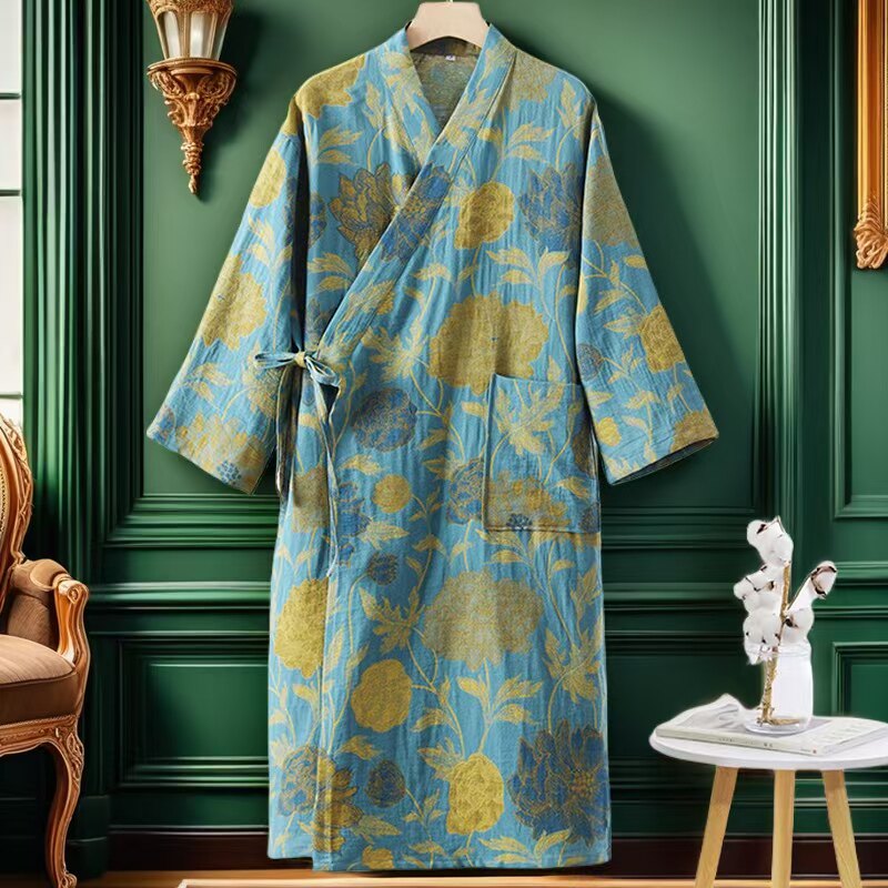 国潮春夏季薄款浴袍纯棉家居服双层纱布女睡袍吸水速干全棉家居服