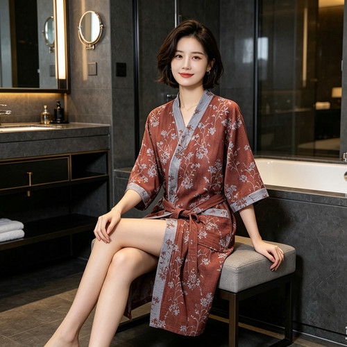纯棉双层纱布国风睡袍男女士春秋