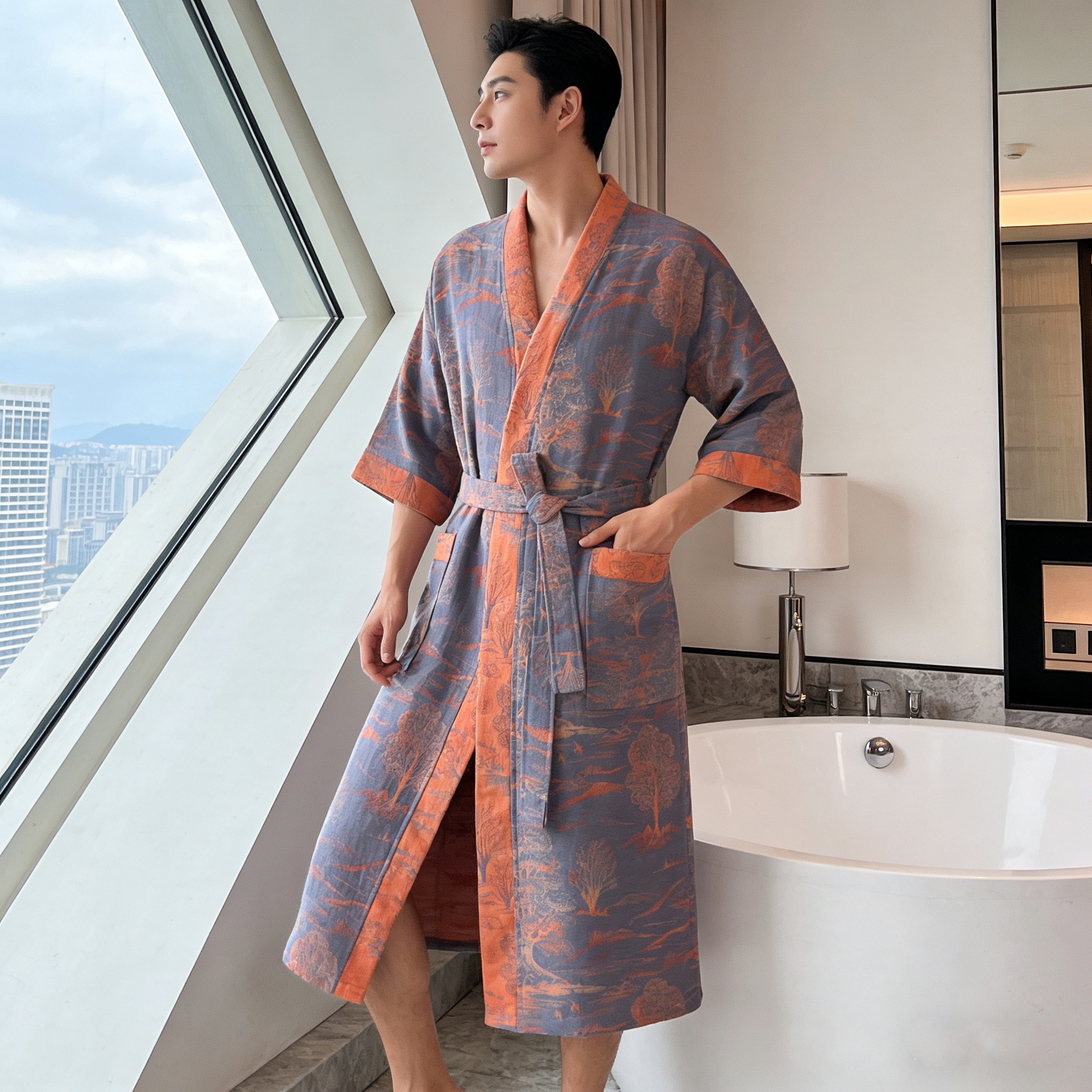 纯棉浴袍双层纱女睡袍全棉家居服春秋季套装情侣结婚晨袍柔软亲肤