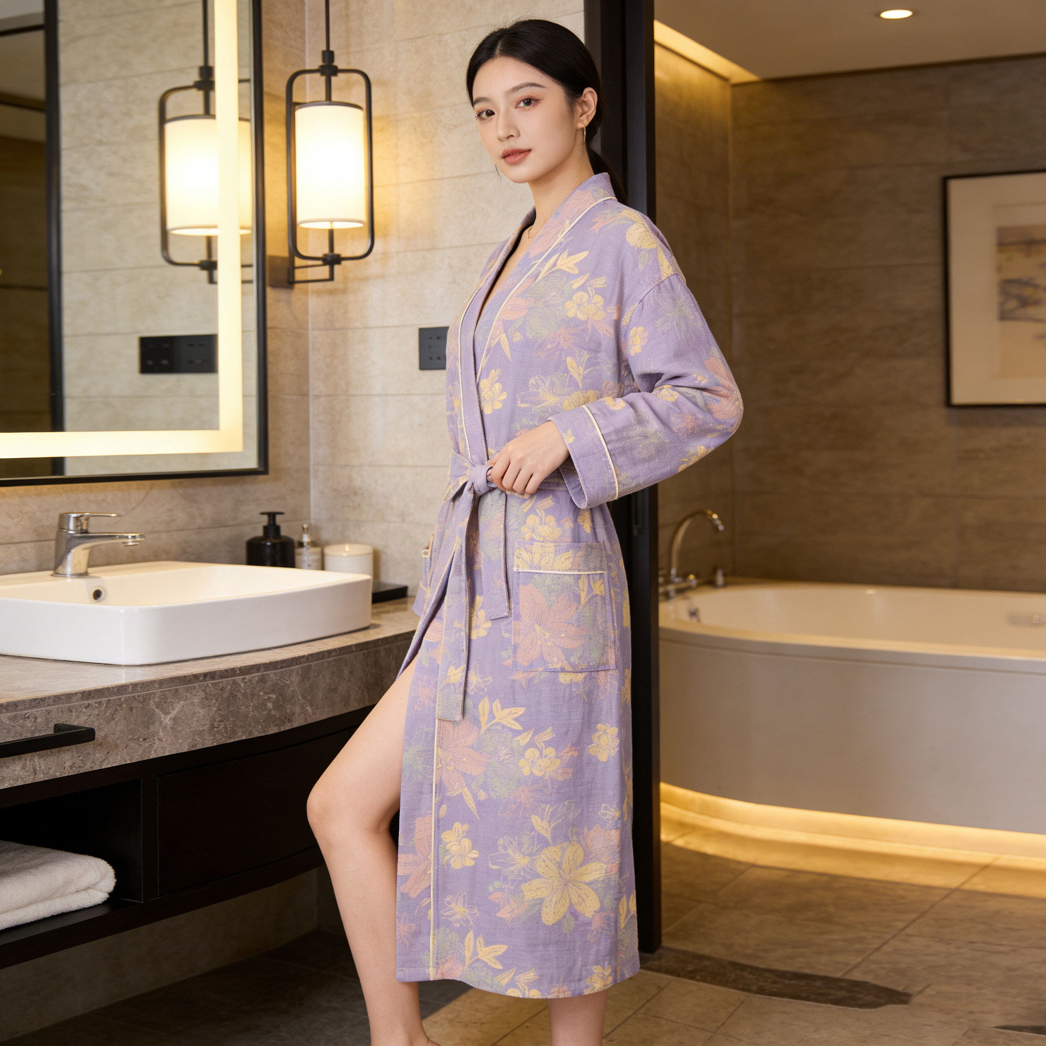 春夏薄款纯棉双层纱布浴袍吸水速干浴衣全棉国风家居服睡袍睡衣女