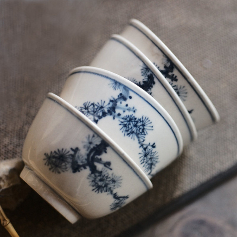 梵山堂品茗杯小茶杯苏打釉手绘青花诗文茶杯纯手工功夫茶具4个装
