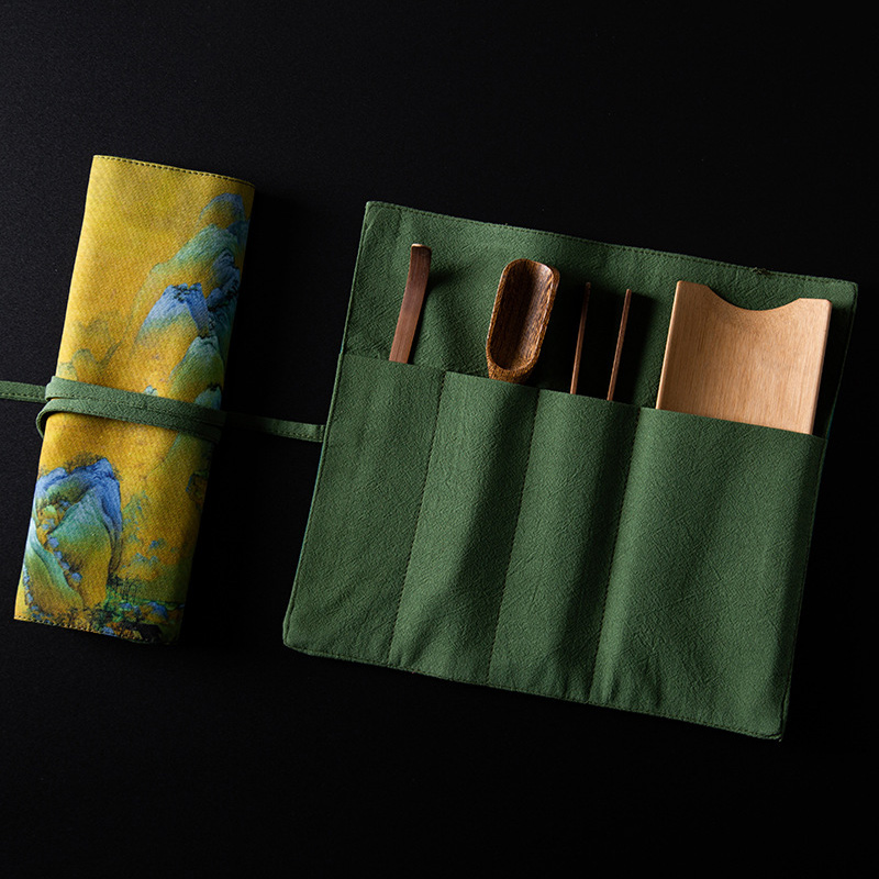 竹茶则三件套棉麻收纳袋套装功夫茶具配件布袋茶夹六君子茶道配件