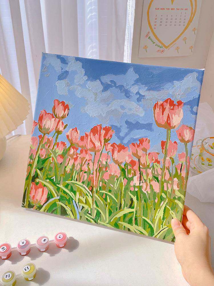 手工数字油画郁金香丙烯画填充填色油彩肌理画画手绘生日礼物