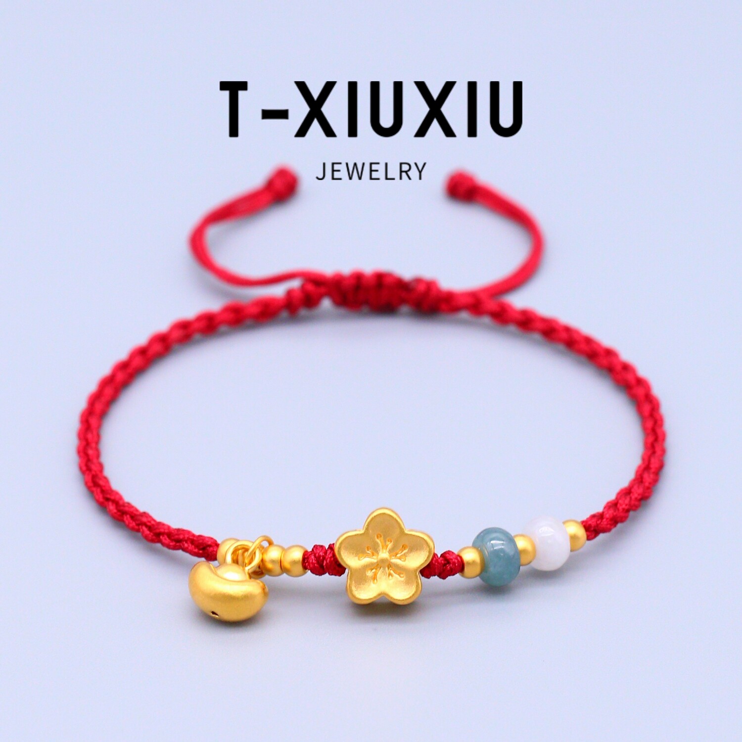 足金999桃花元宝酒红绳手绳