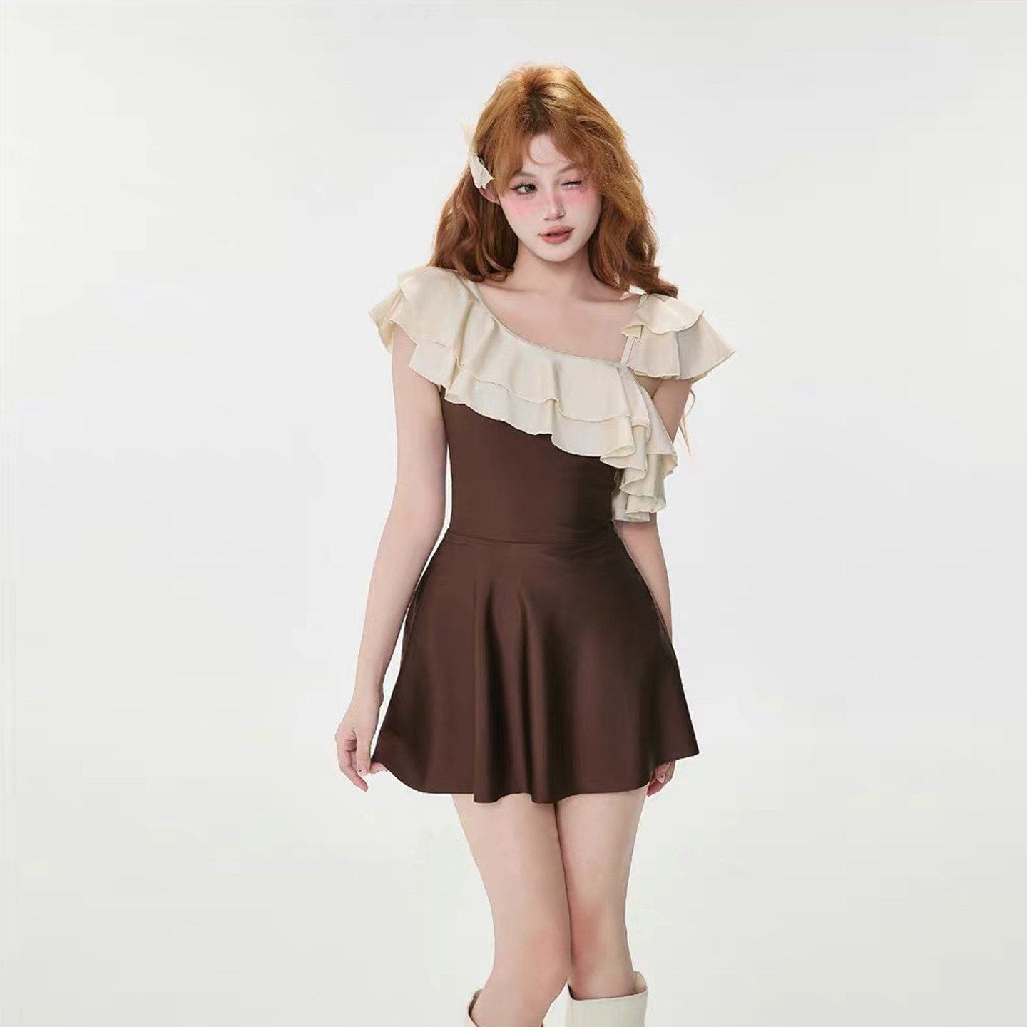 新款绝美单肩荷叶边拼色少女三角连体短裙显瘦遮肉度假泡温泉泳衣,运动/瑜伽/健身/球迷用品,连体泳衣,淘宝优惠券,粉丝福利购,淘宝优惠卷