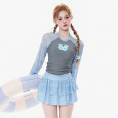 小熊灰蓝格子显白可爱少女小胸分体裙长袖 防晒学生温泉网红泳衣女