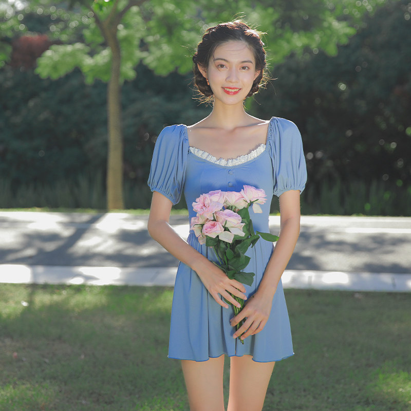 韩国ins风网红游泳装名媛少女保守连体裙式显瘦遮肚温泉游泳衣女