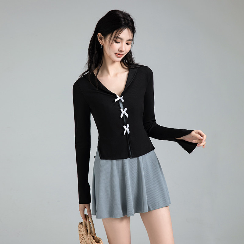 高级感绝美蝴蝶结两件套连体罩衫长袖吊带甜美辣妹泡温泉泳衣女夏