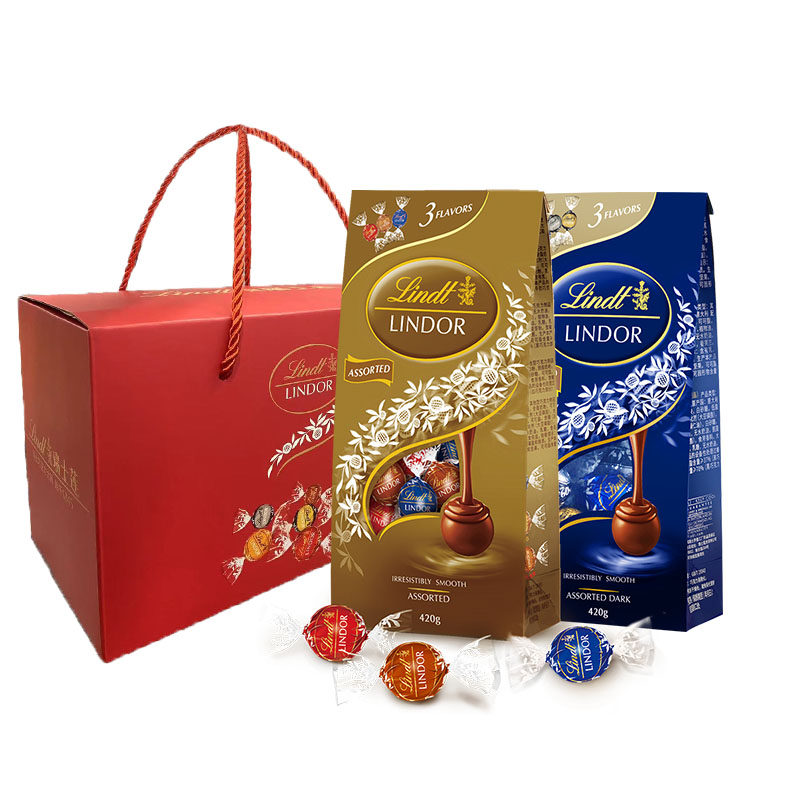 零食/坚果/特产【2袋礼盒装】Lindt瑞士莲 软心精选巧克力420g牛奶黑巧喜糖零食