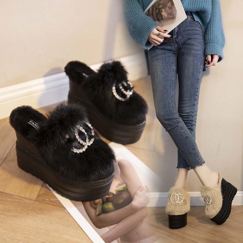 高跟水钻加厚保暖包头厘米半拖