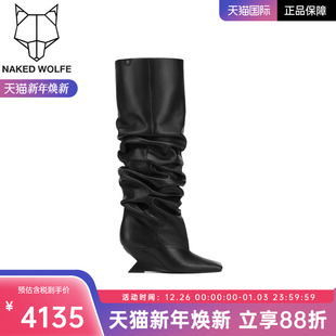 Naked Wolfe英国潮牌 allie褶皱异形跟尖头长筒女靴2025骑士女靴