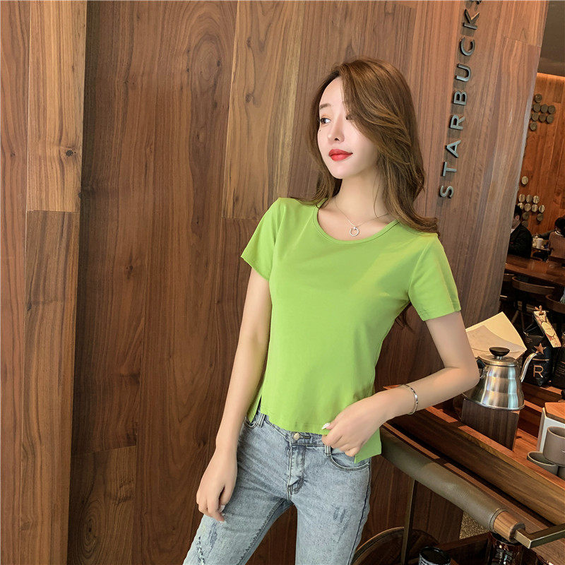 牛油果绿t恤女短款宽松白色t恤夏季大码两侧开叉上衣不规则短袖女