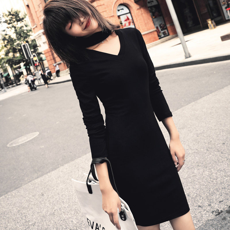 秋装2020年新款女收腰气质小个子长袖黑色减龄显瘦连衣裙洋气黑裙