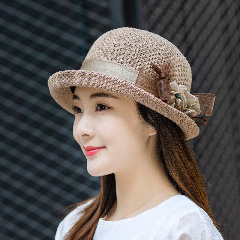 中年妈妈洋气帽子蝴蝶结时尚优雅礼帽女日系百搭卷边盆帽夏遮阳帽