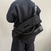 小众双拼设计麂皮绒黑色托特包男女潮流百搭大容量通勤单肩斜挎包