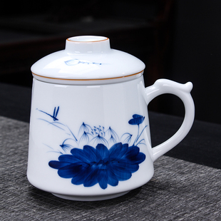 原源纯手绘带过滤茶杯陶瓷茶水分离大容量带盖泡茶杯家用办公杯子