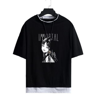 伊藤润二第五人格短袖T恤川上富江漫画男青少年假两件夏季上衣服