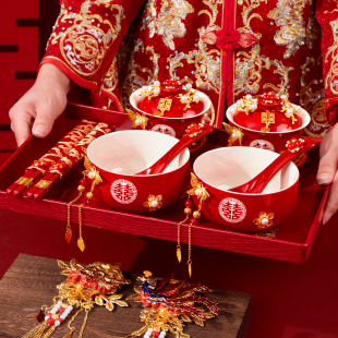 结婚敬茶杯套装一对带托盘喜碗diy配件改口碗筷茶具婚礼用品大全