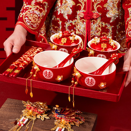 结婚敬茶杯diy套装一对带托盘