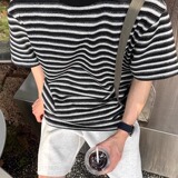 CC黑色圆领色织提花条纹短袖T恤男生2025新款夏季纯棉宽松休闲，男装T恤，星座603-2