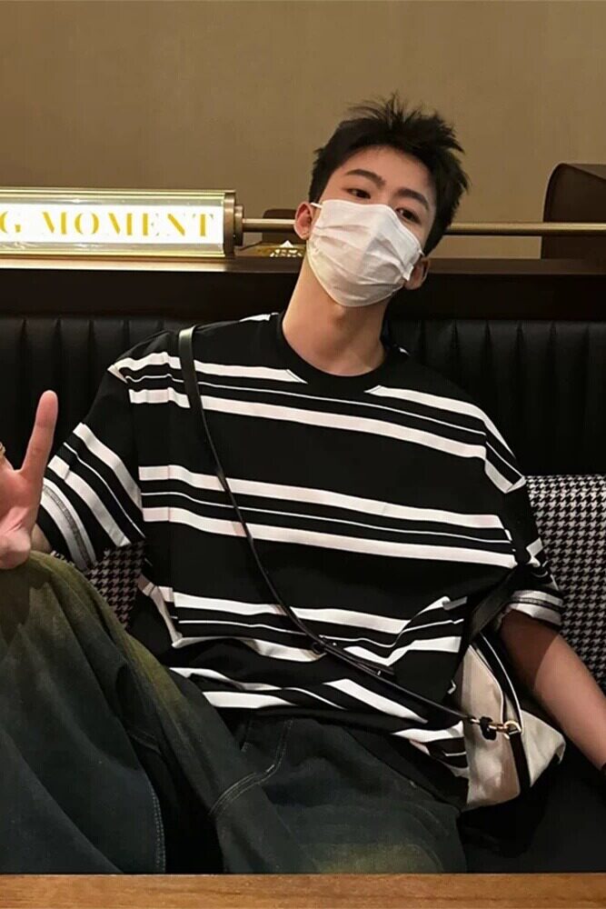 日系复古黑白条纹t恤男夏季小领口cleanfit短袖美式纯棉重磅半袖,男装T恤,星座603-2