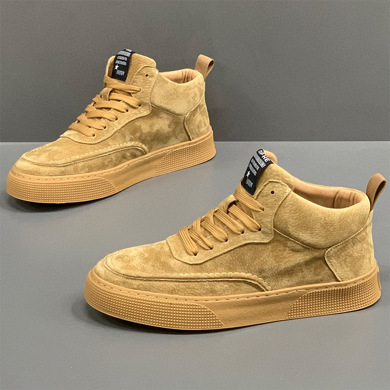 高帮男鞋冬季2025新款翻毛真皮运动休闲板鞋耐磨软底中帮小麦色鞋,流行男鞋,高帮鞋,淘宝优惠券,粉丝福利购,淘宝优惠卷