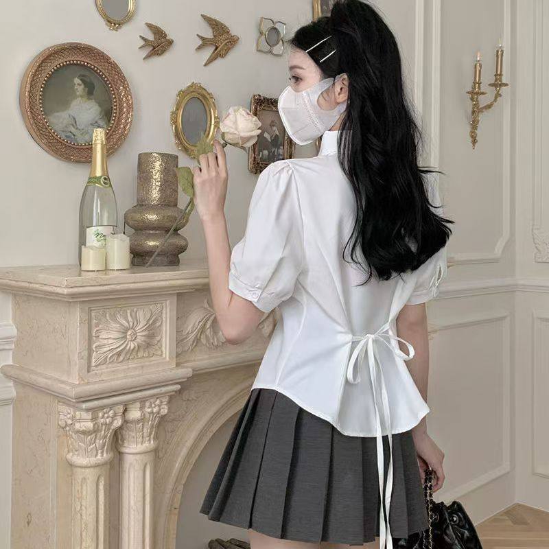 白色缎面衬衫女夏小个子短袖职业背后绑带收腰甜美泡泡袖polo上衣