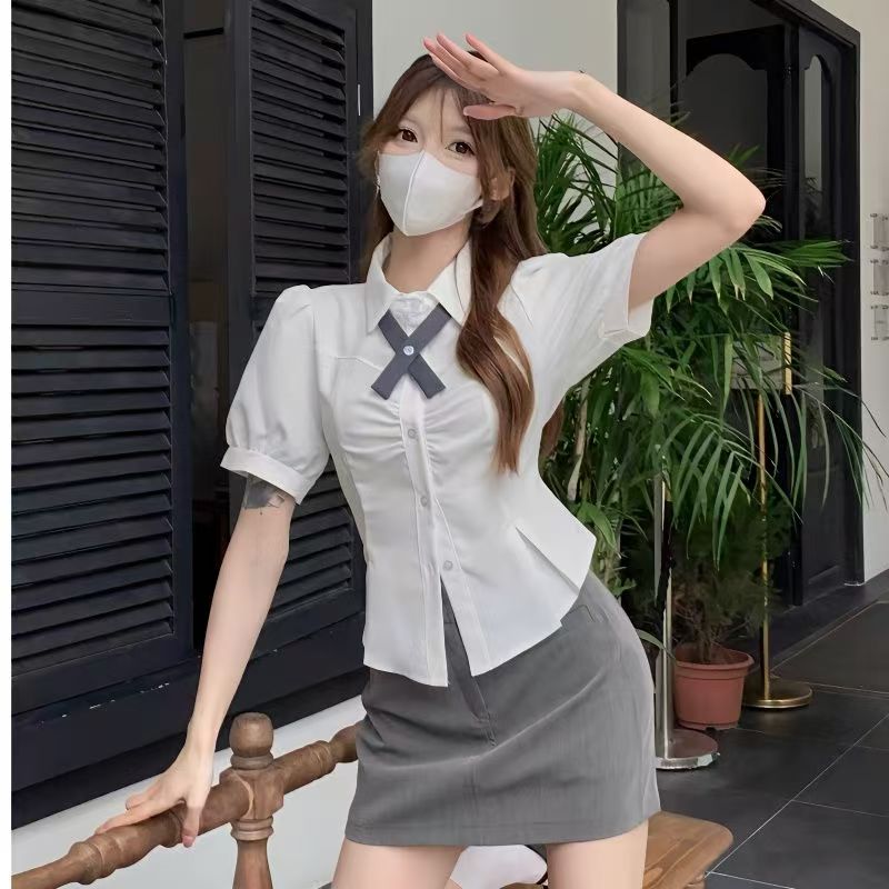 白衬衫女款法式短袖夏季设计感小众小个子收腰褶皱学院风休闲上衣