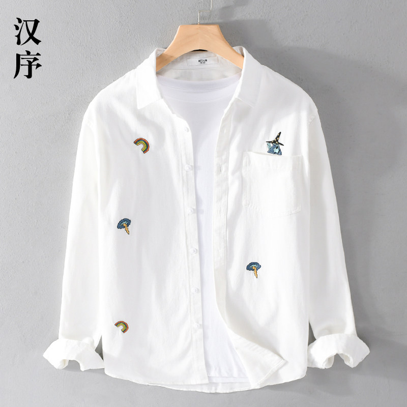 汉序春季纯棉衬衫男日系白色休闲高级感刺绣宽松长袖衬衣服外套,男装,汉服,淘宝优惠券,粉丝福利购,淘宝优惠卷