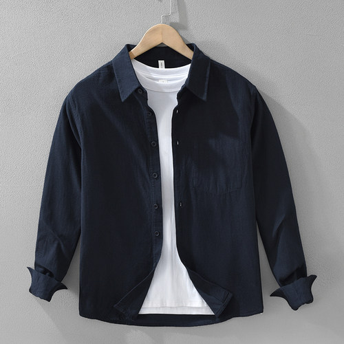 日系高端复古纯棉长袖衬衫男士春秋青年时尚百搭文艺纯色宽松上衣