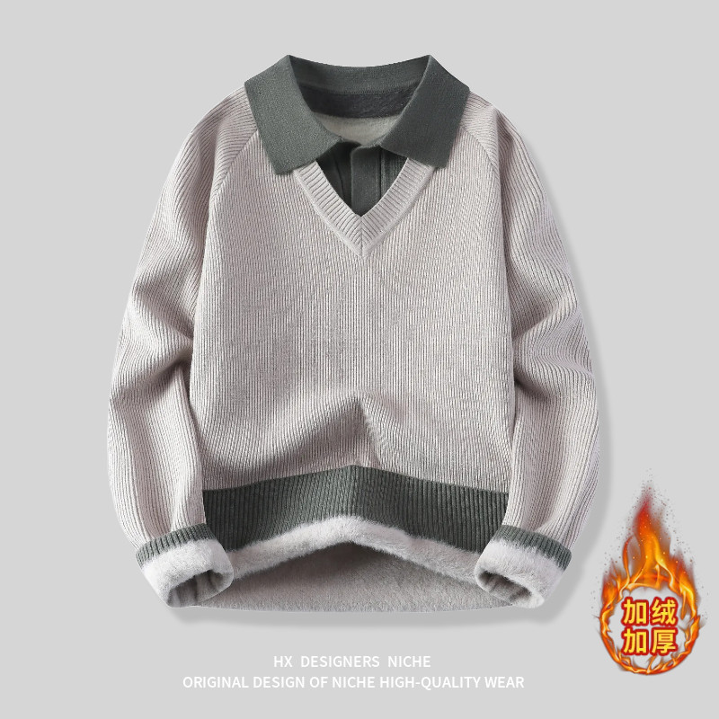 复古宽松休闲翻领毛衣针织外套男