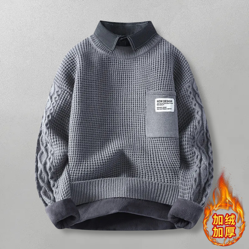 加绒假两件衬衫领毛衣外套针织男