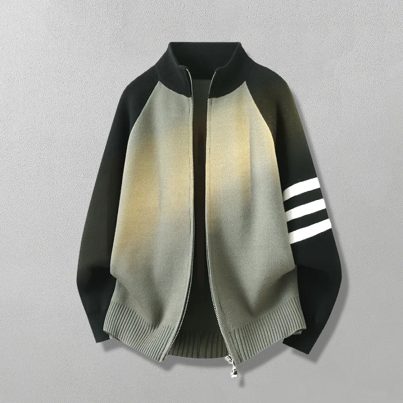 立领拉链拼接开衫外套毛衣针织男