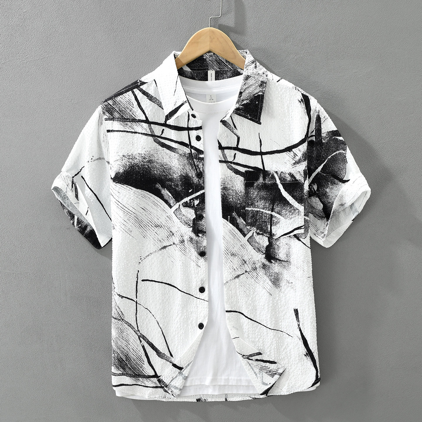 汉序夏季日系复古水墨印花泡泡纱短袖衬衫男士宽松休闲衬衣服外套