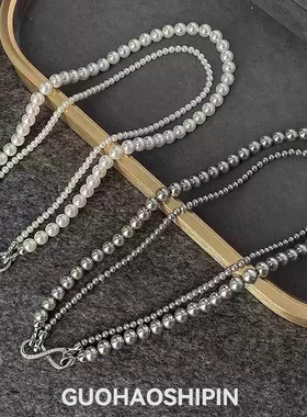 施家玻璃珠双层叠戴珍珠项链女轻奢气质锁骨链秋冬毛衣链饰品