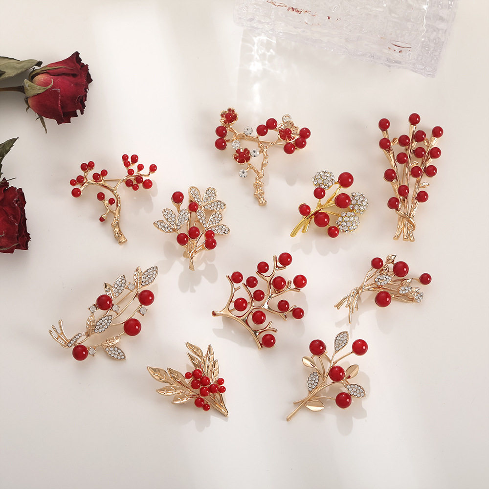 2024年新款新娘红色喜庆合金树枝珊瑚别针百搭结婚珍珠胸针配饰品