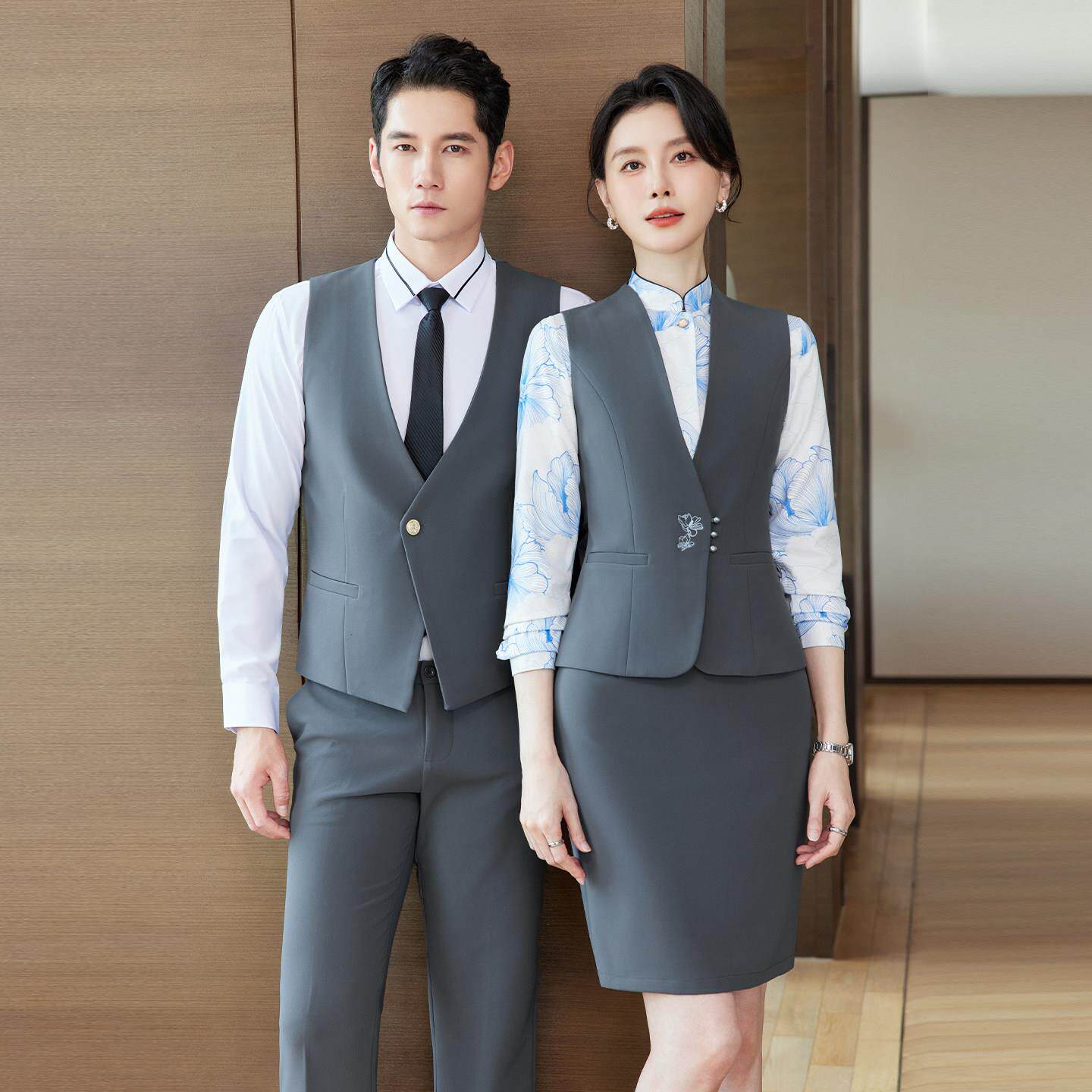 酒店餐厅茶楼工作服男女职业装马甲套装前台收银员服务员客服工装