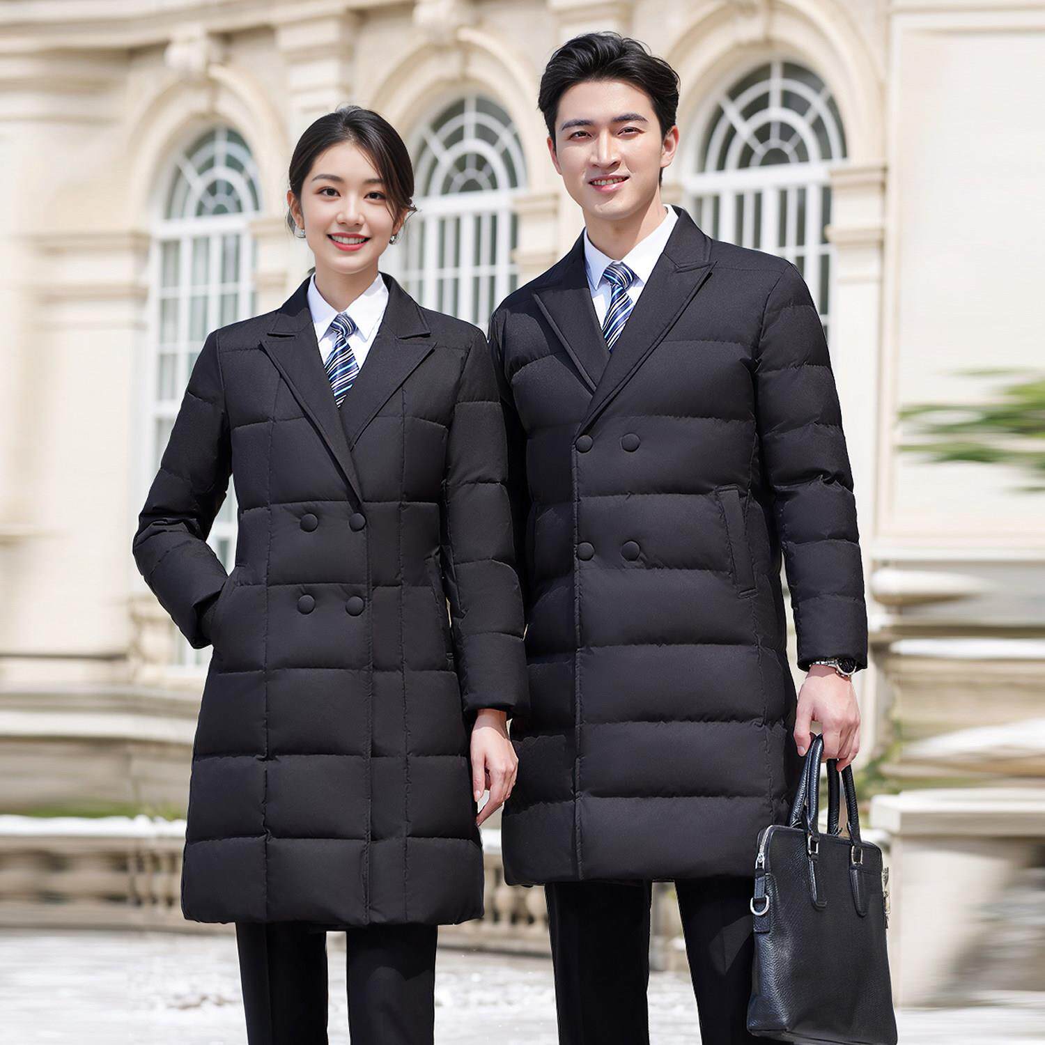 男女同款中长款风衣外套加厚羽绒棉服冬季保暖新款酒店棉服工作服