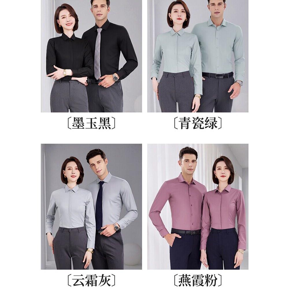 浅灰色衬衫男女暗扣长短袖职业高端正装销售工作服衬衣定制绣logo图片