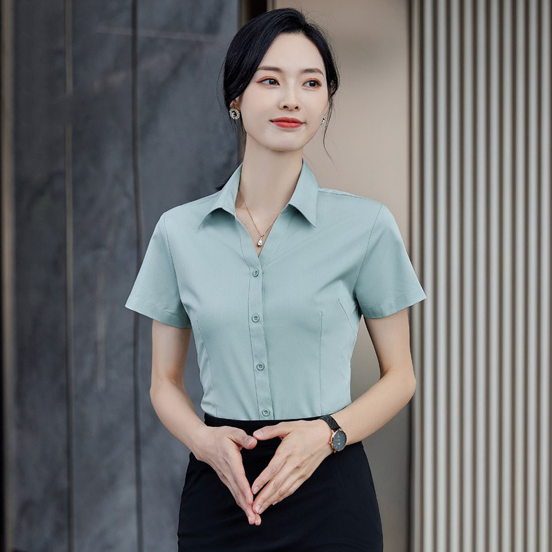 高级感夏季短袖衬衫女气质职业套装免烫竹纤维V领衬衣长袖工作服