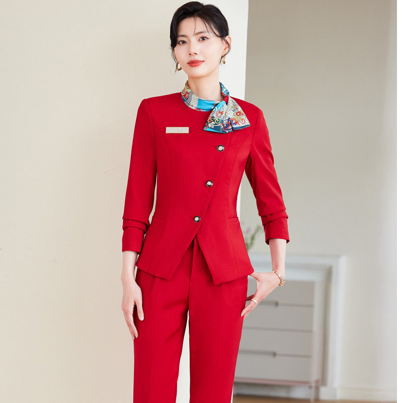 西装套装女秋冬气质空姐制服酒店前台美容院工作服大红色军鼓服装