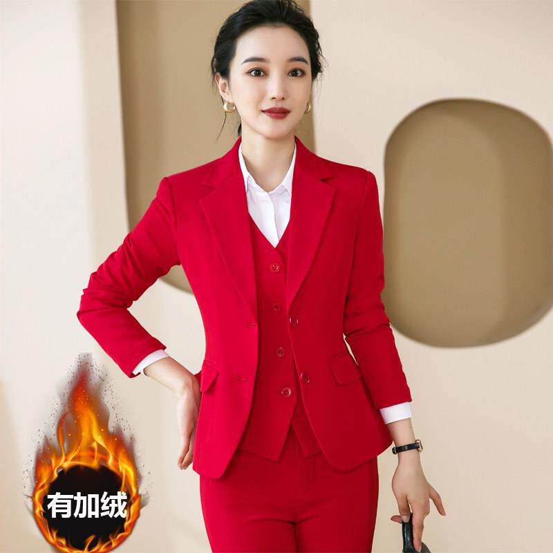 职业西装套装女大红色新款正装气质女神范修身西服秋冬加绒工作服
