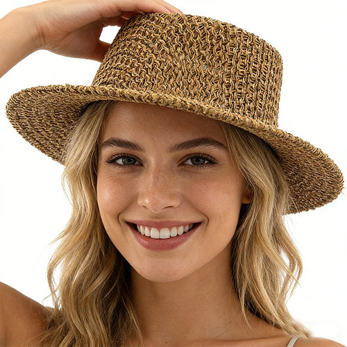 夏天手工编织镂空透气百搭平顶草帽露营旅游防晒沙滩遮阳平顶帽子