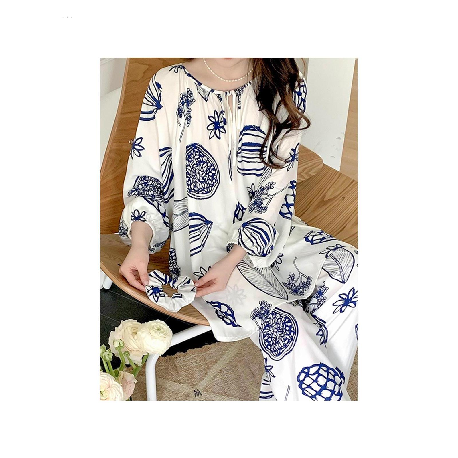 真丝春秋女式睡衣新款中国风公主风甜美真丝家装kg可穿大码套装