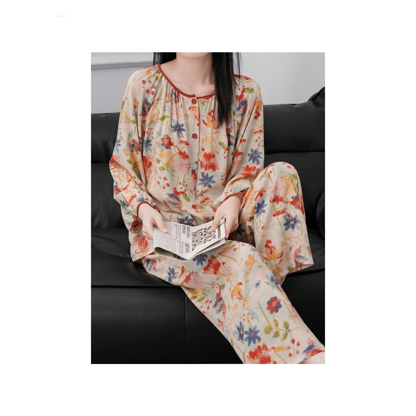 2025新款棉绸睡衣女春秋季中老年妈妈款绵绸家居服套装可外穿夏天